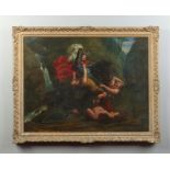 A 19th century gilt framed oil on canvas. A battle scene depicting an armoured soldier on