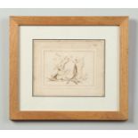 An oak framed 18th century sepia ink drawing of three putti allegorical of the Arts, 13cm x 16cm.