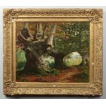 A 19th century gilt framed oil on canvas. Woodland landscape with a young girl and a group of