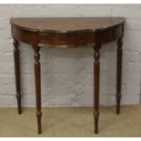 A mahogany demi lune side table with single drawer.