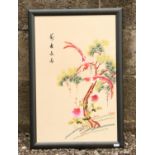 A framed Chinese silk embroidery depicting two birds perched in a tree.