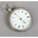 A late Victorian silver cased pocket watch. With enamel dial and subsidiary seconds. Assayed Chester