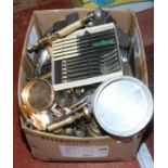 A box of metalware to include brass silver plate, stainless steel and aluminium.