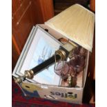 A box of miscellaneous to include brass miner figurine titled 'Hometime' violet glass drink goblets,