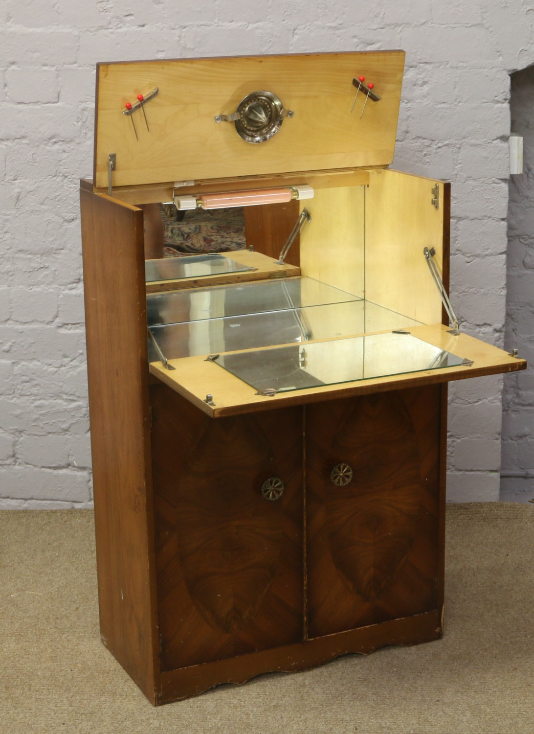 A walnut cocktail cabinet with mirrored interior and cupboard base. - Image 2 of 2