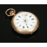 A ladies 14ct gold fob watch, engraved and with enamelled decoration to the caseback. Condition