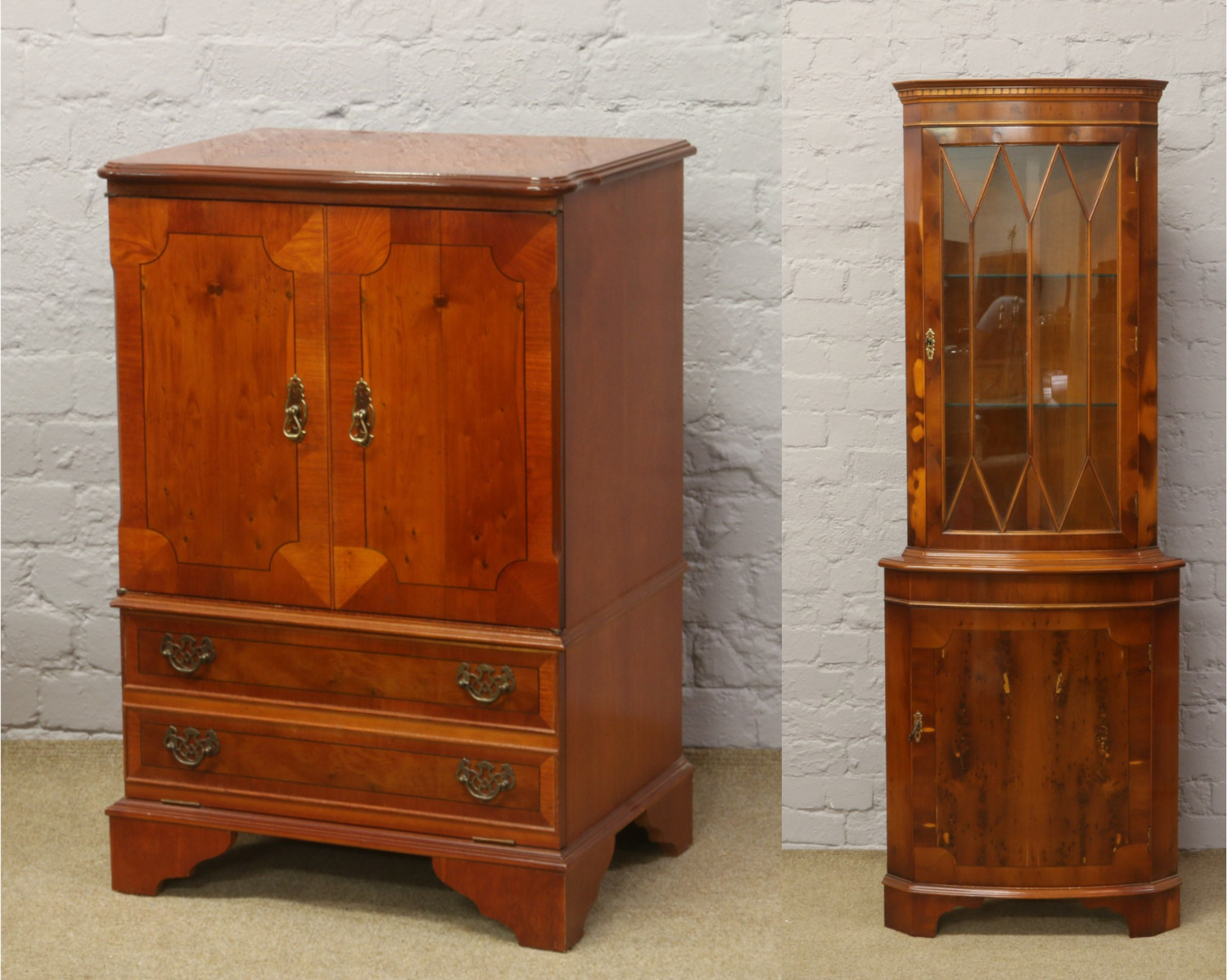 A yew wood astrigal glazed corner display cabinet, along with a matching T.V cabinet.