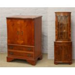 A yew wood astrigal glazed corner display cabinet, along with a matching T.V cabinet.