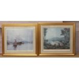 Two large gilt framed Montague Dawson prints The Pagoda Anchorage and Pieces of Eight, artist