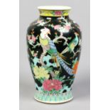 A Chinese style famille noir high shouldered vase decorated with birds and flowers, made in Japan