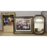 An oak bevel edge wall mirror, along with a gilt framed mirror and a framed print titled an