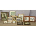 A large quantity of framed prints including rural landscapes, interior scene.