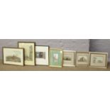 A collection of seven framed prints mostly landscape scenes of castles, cathedrals etc.