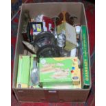 A box of household miscellaneous including cloisonne purse, ships decanter and Chad Valley toys