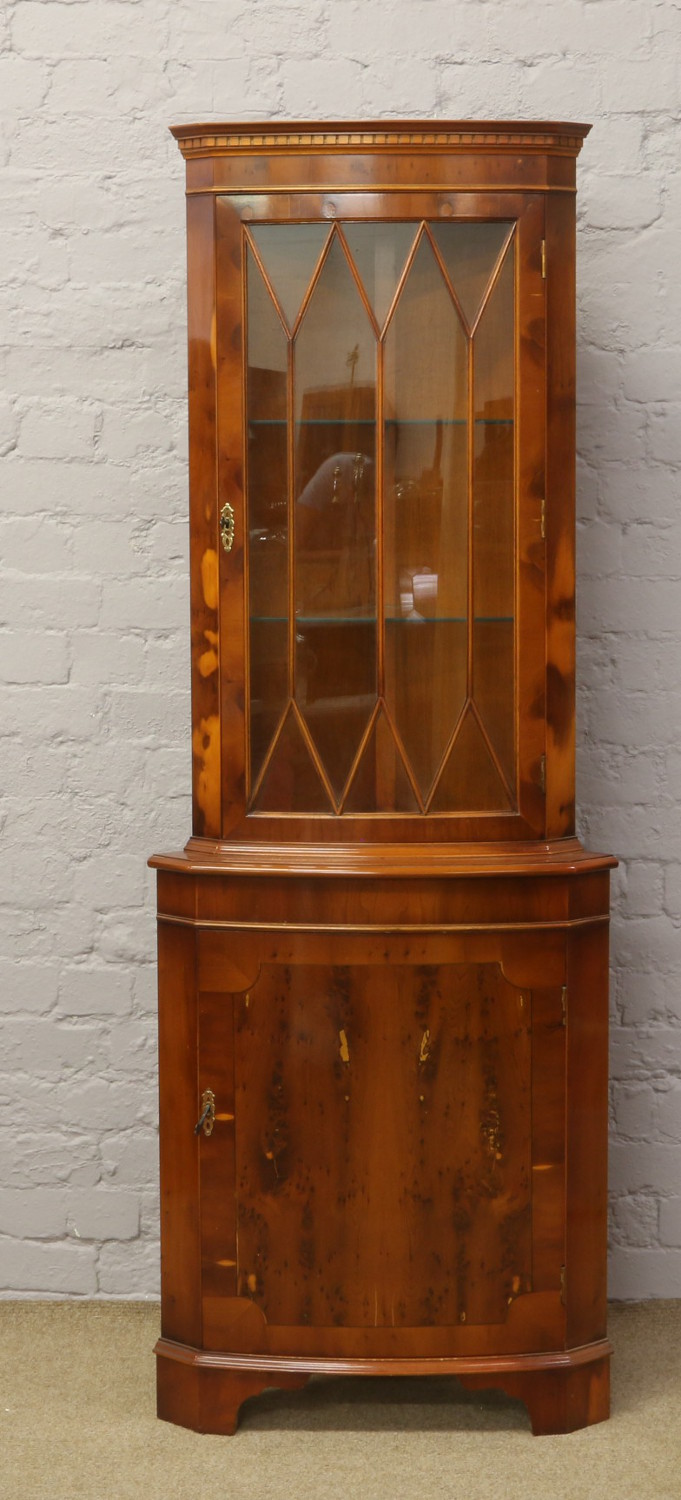 A yew wood astrigal glazed corner display cabinet, along with a matching T.V cabinet. - Image 3 of 3