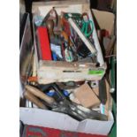 Two boxes of hand tools including saw, drivers, wooden mallet, drill bits etc.