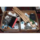 Two boxes of miscellaneous to include pewter cruet set, ships decanter, barleytwist candlesticks,