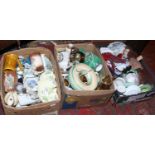 Three boxes of miscellaneous to include Carltonware coffee set, bisque head dolls, copper lustre