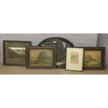 Four framed prints, along with a mahogany framed bevel edge mirror.