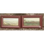 A pair of framed prints, moreland scenes with grazing sheep.