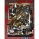 A box of metalwares to include two brass swords, brass horses, silver plate, brass candlesticks