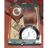 A box of clocks to include oak mantel clocks, wall clock etc.