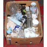 A box of miscellaneous to include Lladro (repaired) Caithness glass clock, cut glass decanter,