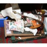 A box of miscellaneous to include glass rubbing board Kernewek pottery fish jug, squirrel nut