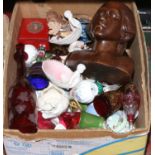 A box of miscellaneous to include carved wood bust, ruby glass decanter, Wedgwood, bone china etc.