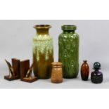 Three West German vases, along with Mdina Art Glass bottle with another similar glass bottle and a