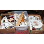 Three boxes of miscellaneous to include cabinet plates, commemorative ware, glass dome torsion clock