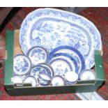 A collection of old Willow pattern blue and white dinnerwares.