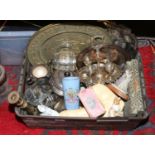 A box of miscellaneous metalwares, silver plate breakfast set, cutlery and candlesticks, along