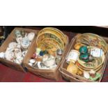 Three boxes of miscellaneous to include Sadler, decorative wall plaques, Wade spirit kegs,