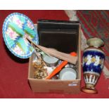 A small box of miscellaneous to include cased and loose cutlery, folding fans and a late 19th