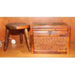 A Chinese bamboo effect work box, along with a hardwood stool.