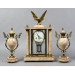 An early 20th century French brass and marble clock garniture with enamel dial, striking on a gong