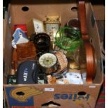 A box lot of miscellaneous collectables to include oak banjo shaped barometer, quartz carriage