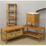 Four pieces of occasional furniture including fiver tier shelving unit, two tier coffee tables etc.