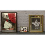 Three decorative printed mirrors including Marilyn Monroe and Wham.