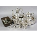 A collection of silver plate to include tea / coffee set on serving tray, cutlery etc.