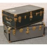 A vintage fitted travelling trunk monogrammed N.E.L and another.