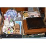 Two boxes of miscellaneous including cased cutlery, Arthur Wood, glassware, Copeland, silver