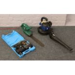 A Qualcast hedge trimmer, along with a Macallister leaf blower and cased Kinzo power drill.