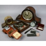 A vintage Smiths dash clock, an oak mantle clock and a small mahogany mantel clock, a Kodak Bantam