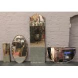 Four assorted 1940's bevel edged wall mirrors including a dressing mirror and shield shaped