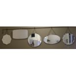 Five 1940's bevel edged hall mirrors, one octagonal form and two with chrome pediments.