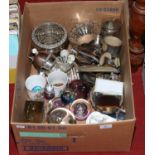 A box of miscellaneous to include glass, paperweights, silver plate etc.