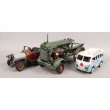 Three decorative tin plate model vehicles, a tractor, car and camper van.