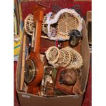 A box of wooden items to include ornaments, barometer, dolls chairs etc.